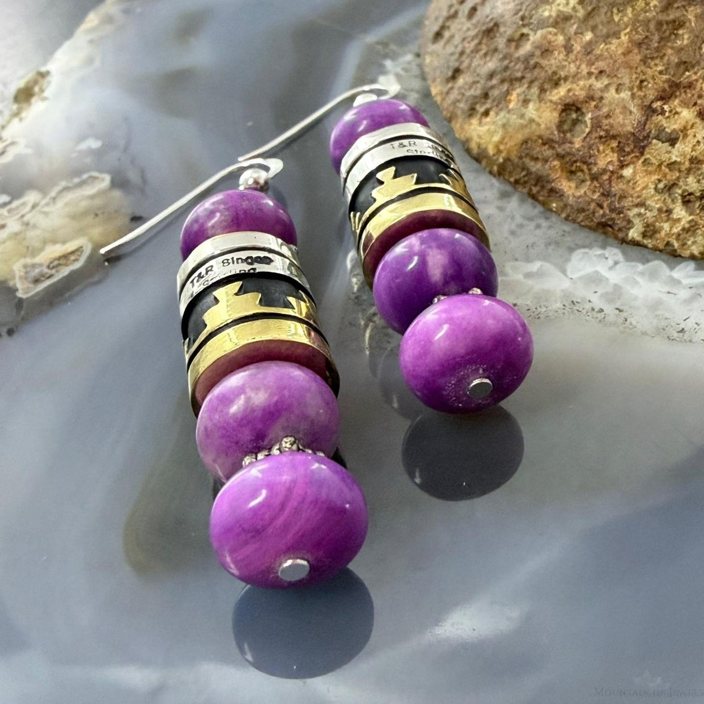 Tommy & Rosita Singer Sterling Silver Charoite Rounded Beads Dangle Earrings For Women