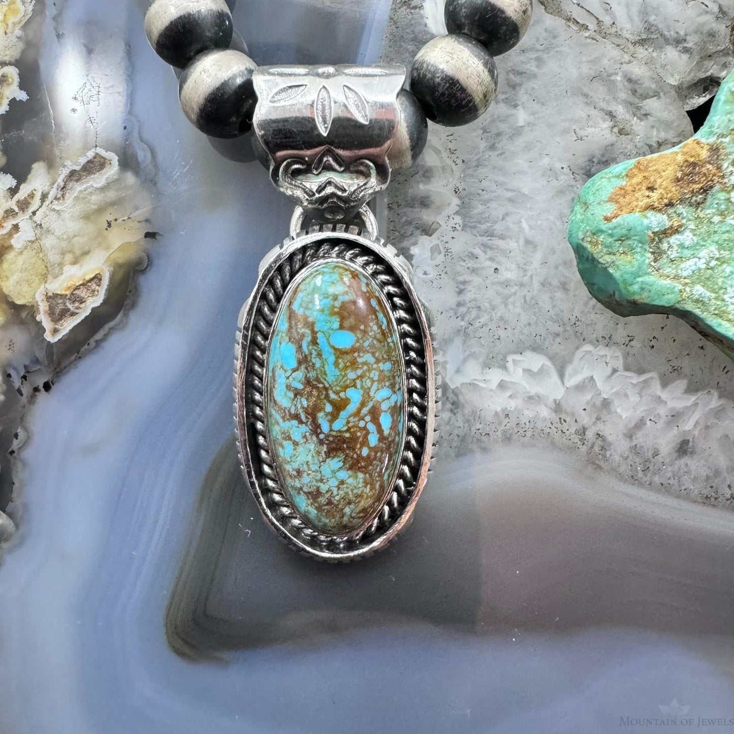 Native American Sterling Silver Elongated Oval Turquoise Unisex Pendant #1