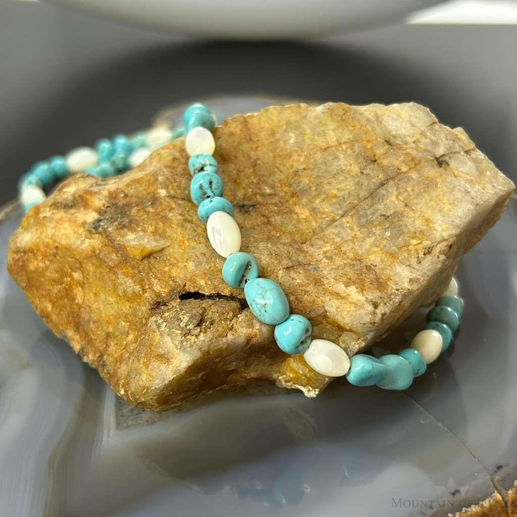 Sterling Silver 5-10mm Turquoise & 8mm MOP Beads 20" Necklace For Women