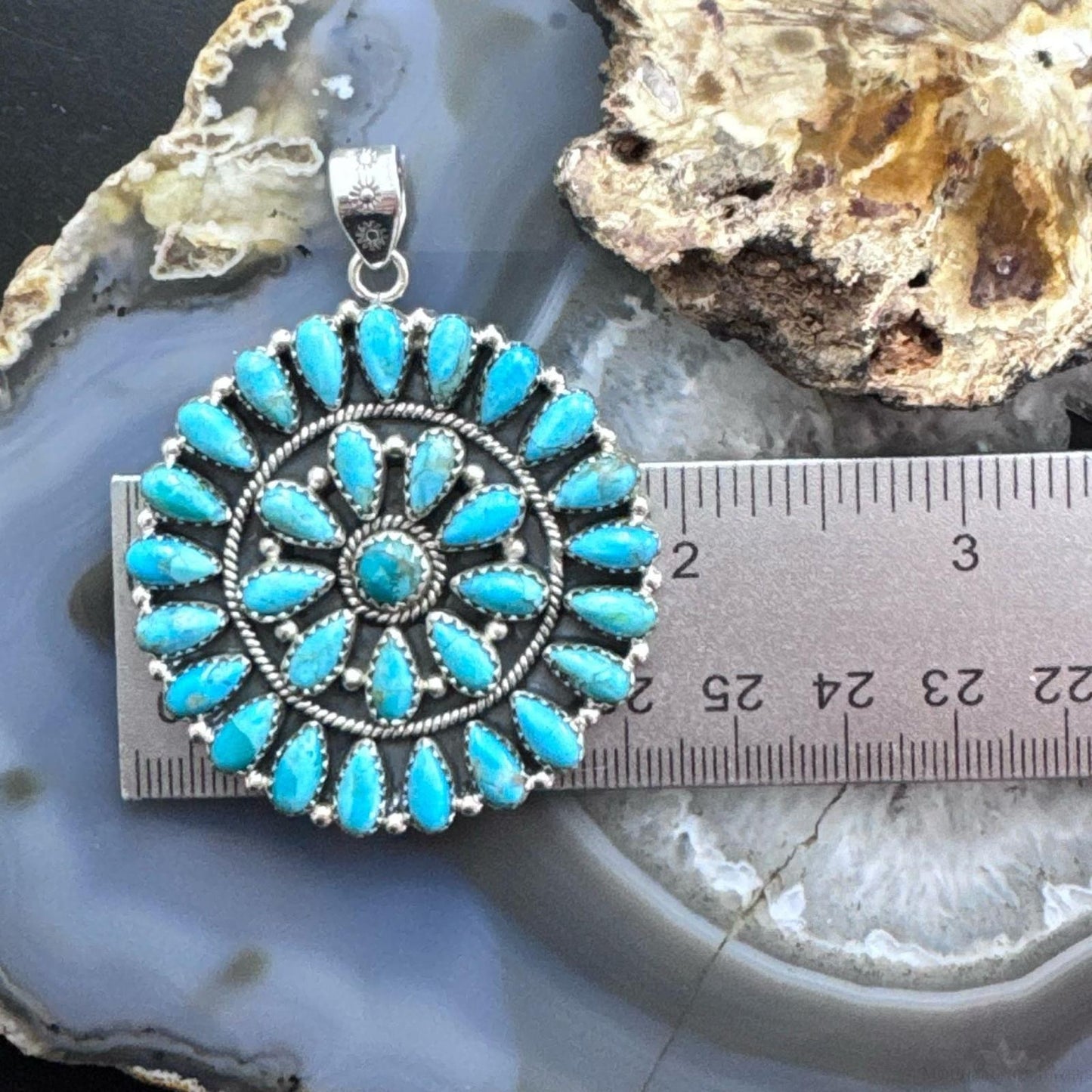Sterling Silver Southwestern Style Teardrop Turquoise Round Cluster Pendant For Women