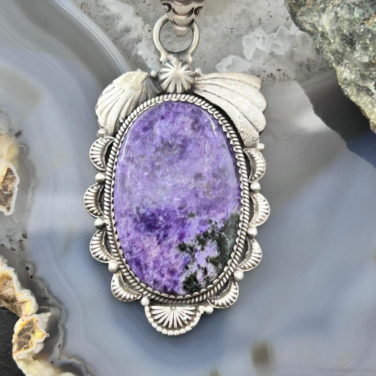 Sterling Silver Southwestern Style Oval Charoite Decorated Pendant For Women #1