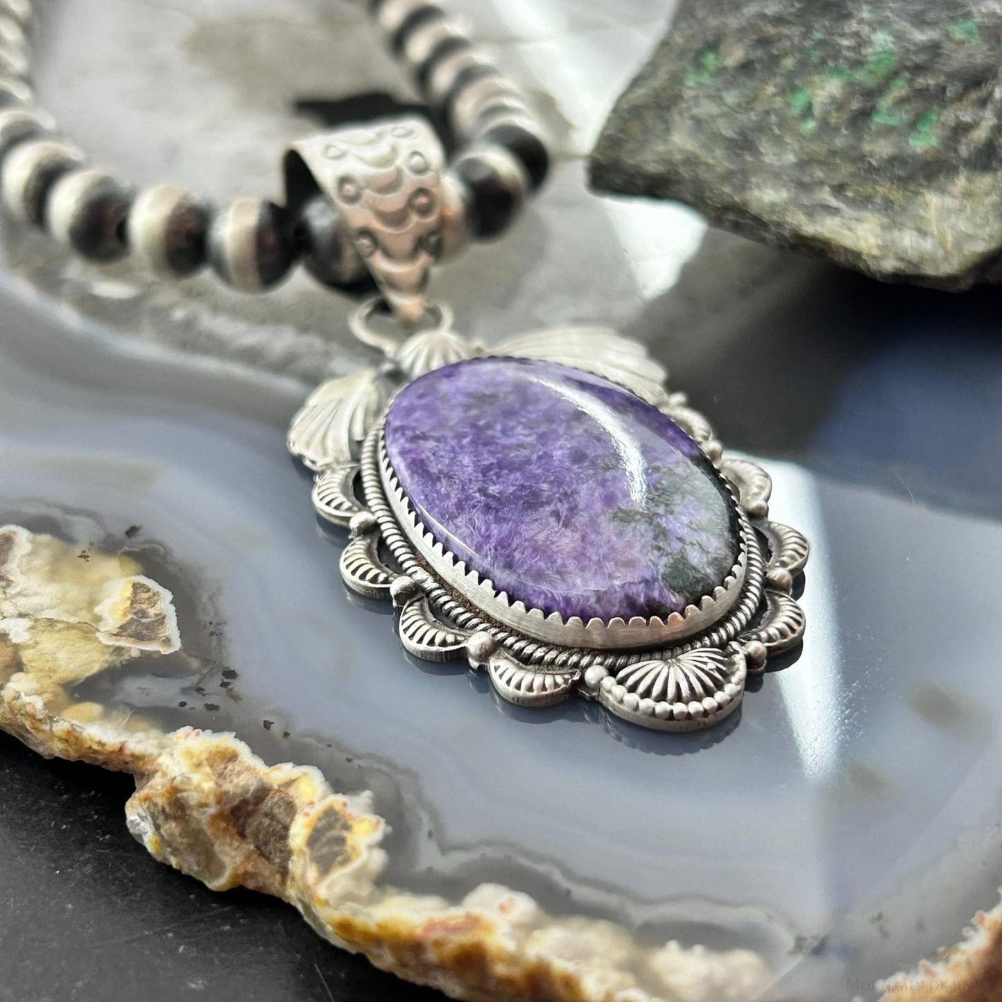 Sterling Silver Southwestern Style Oval Charoite Decorated Pendant For Women #1