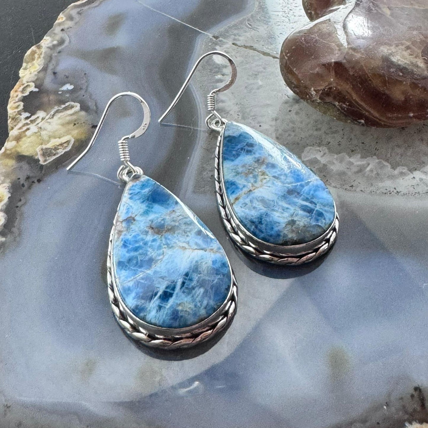Sterling Silver Southwestern Style Teardrop Blue Apatite Dangle Earrings For Women