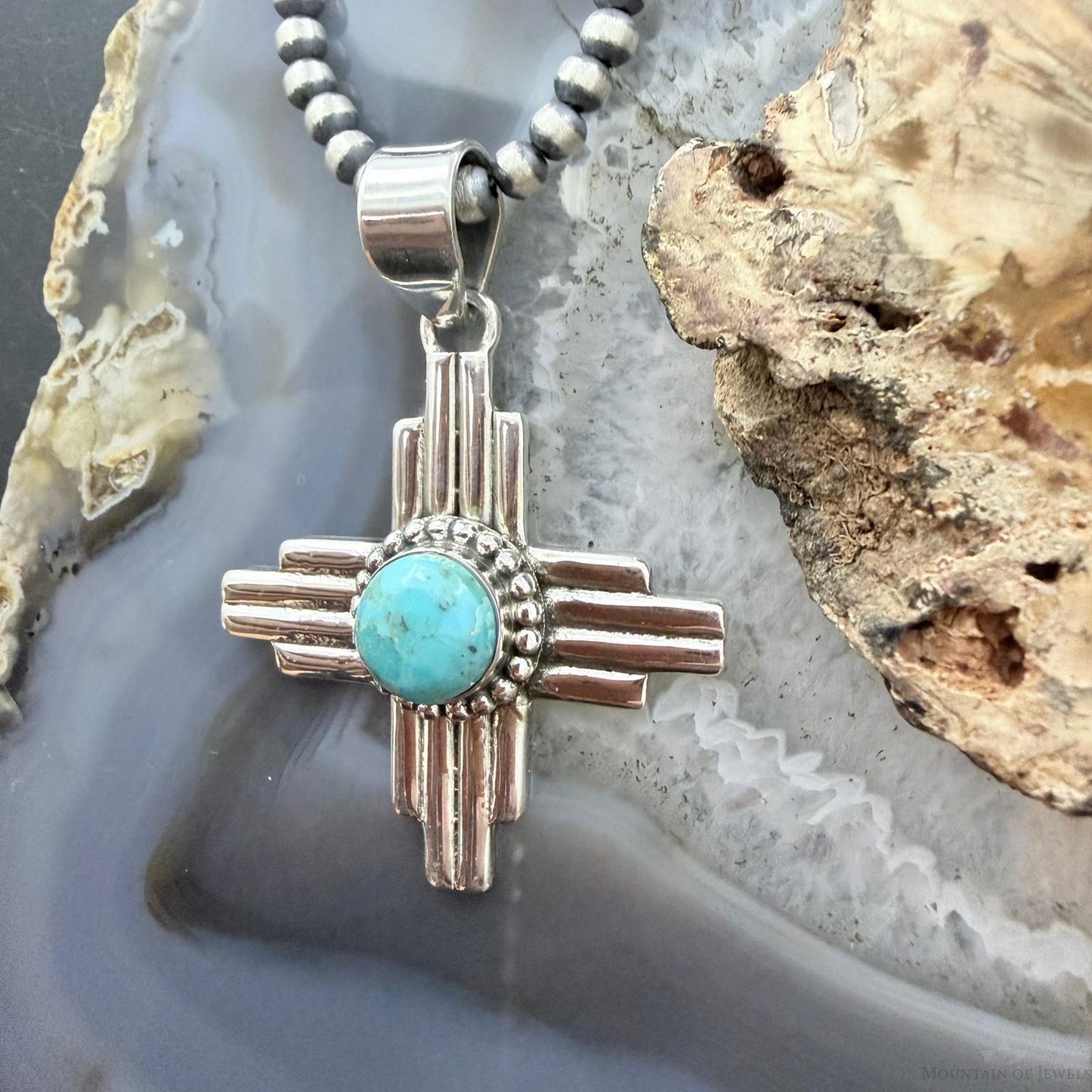 Sterling Silver Southwestern Style Rounded Mohave Turquoise Unisex Zia Pendant