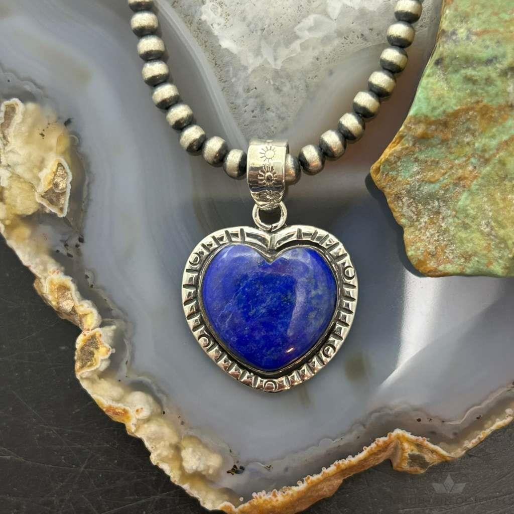 Sterling Silver Southwestern Style Lapis Heart Decorated Pendant For Women #2