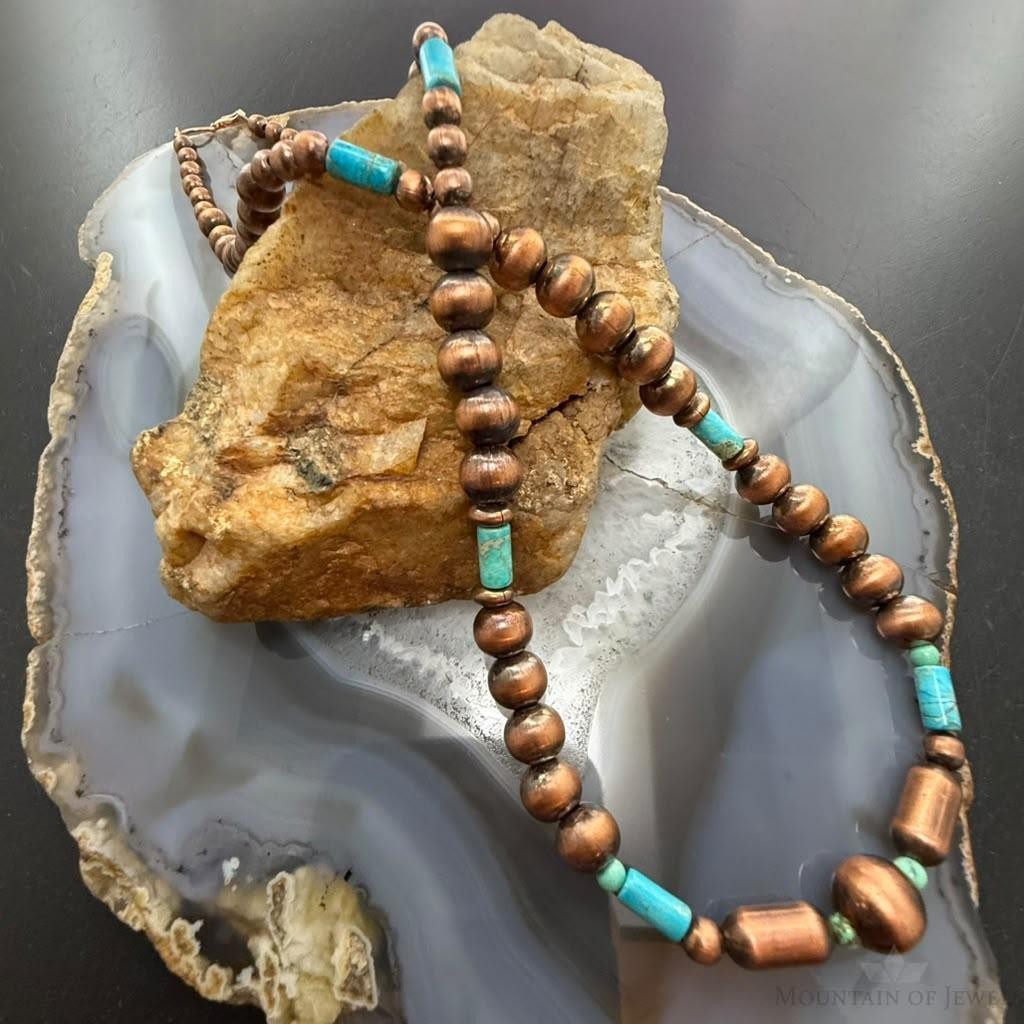 Southwestern Style Copper Navajo Pearl & Cylinder w/Sediment Jasper 18" Necklace For Women
