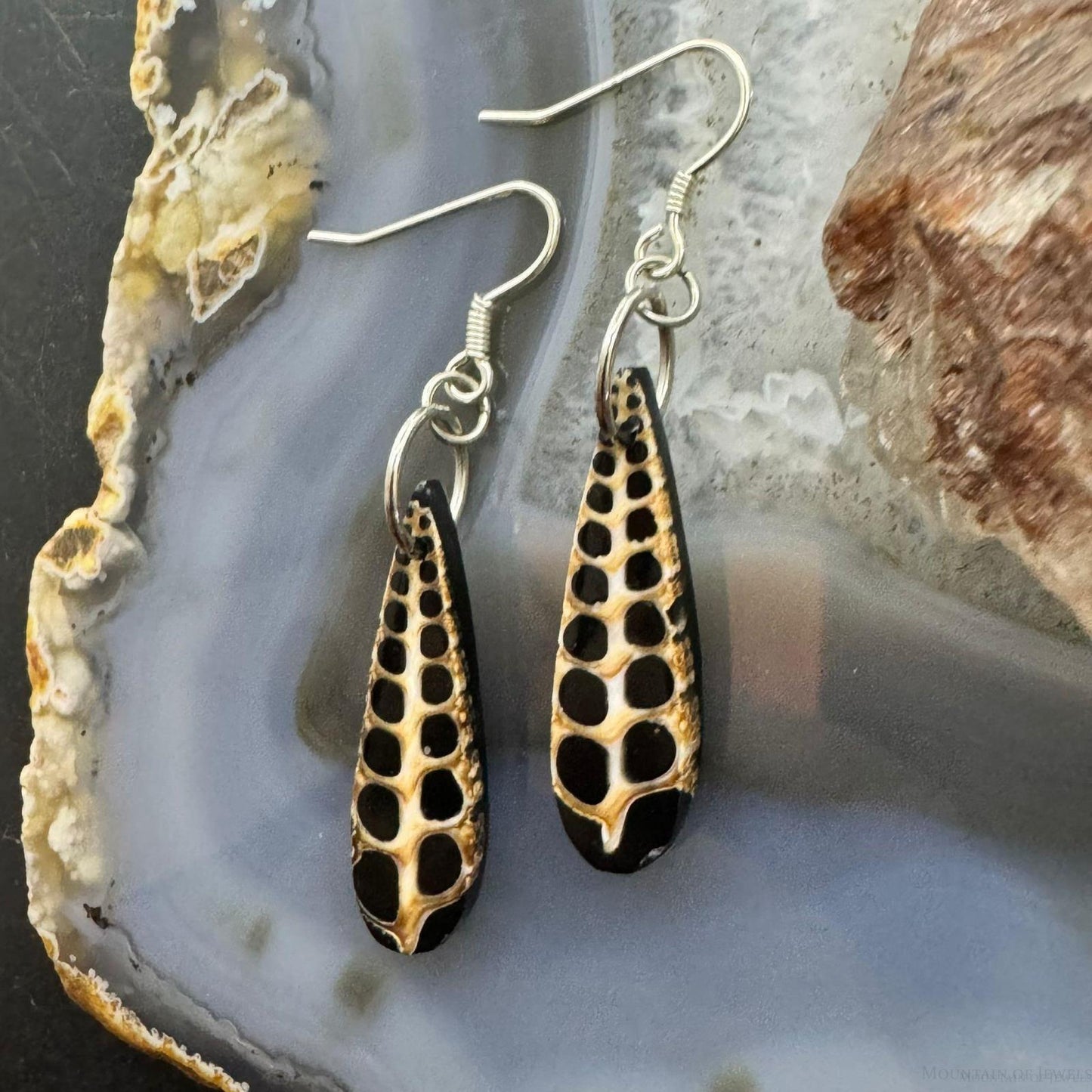 Sterling Silver Teardrop Turitella Fossil Slab Dangle Earrings For Women #232