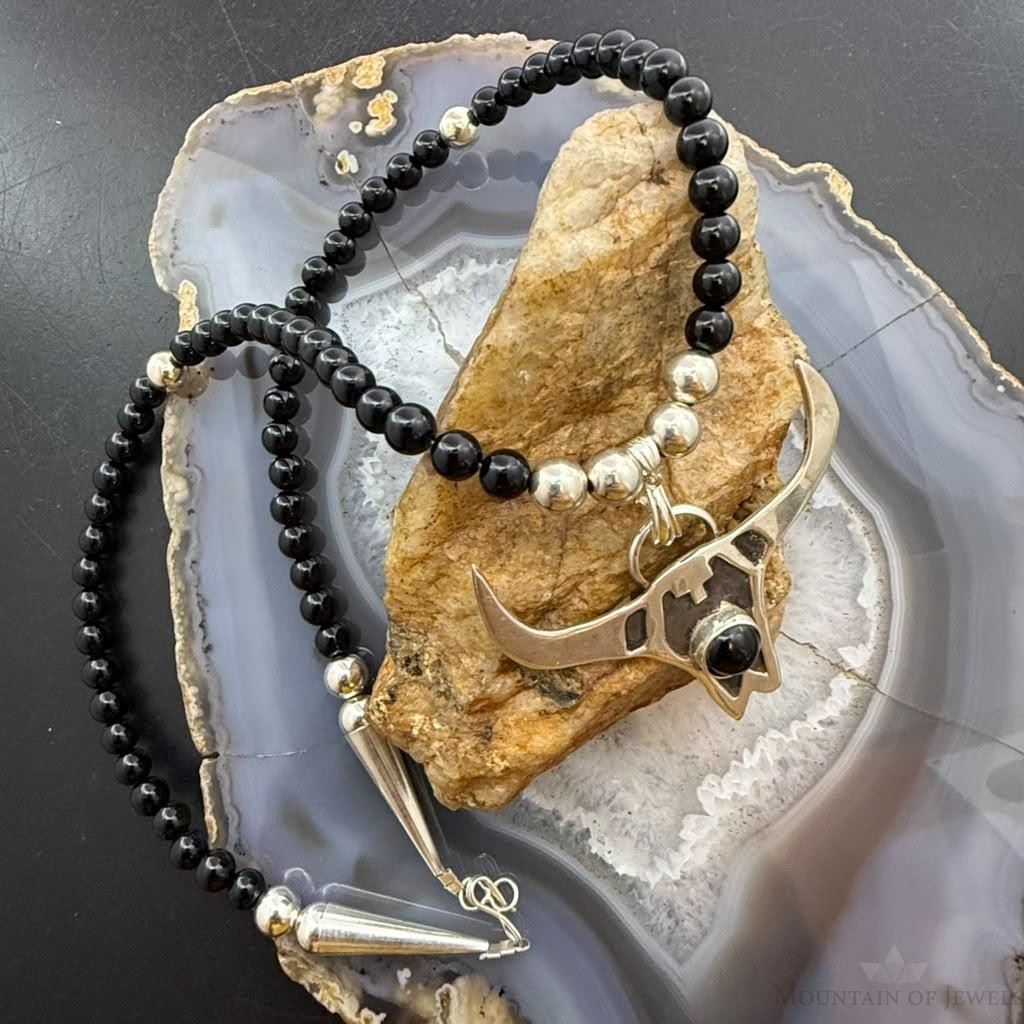 Frank Chavez Sterling Silver Native American Long Horn on Onyx 21" Necklace For Women