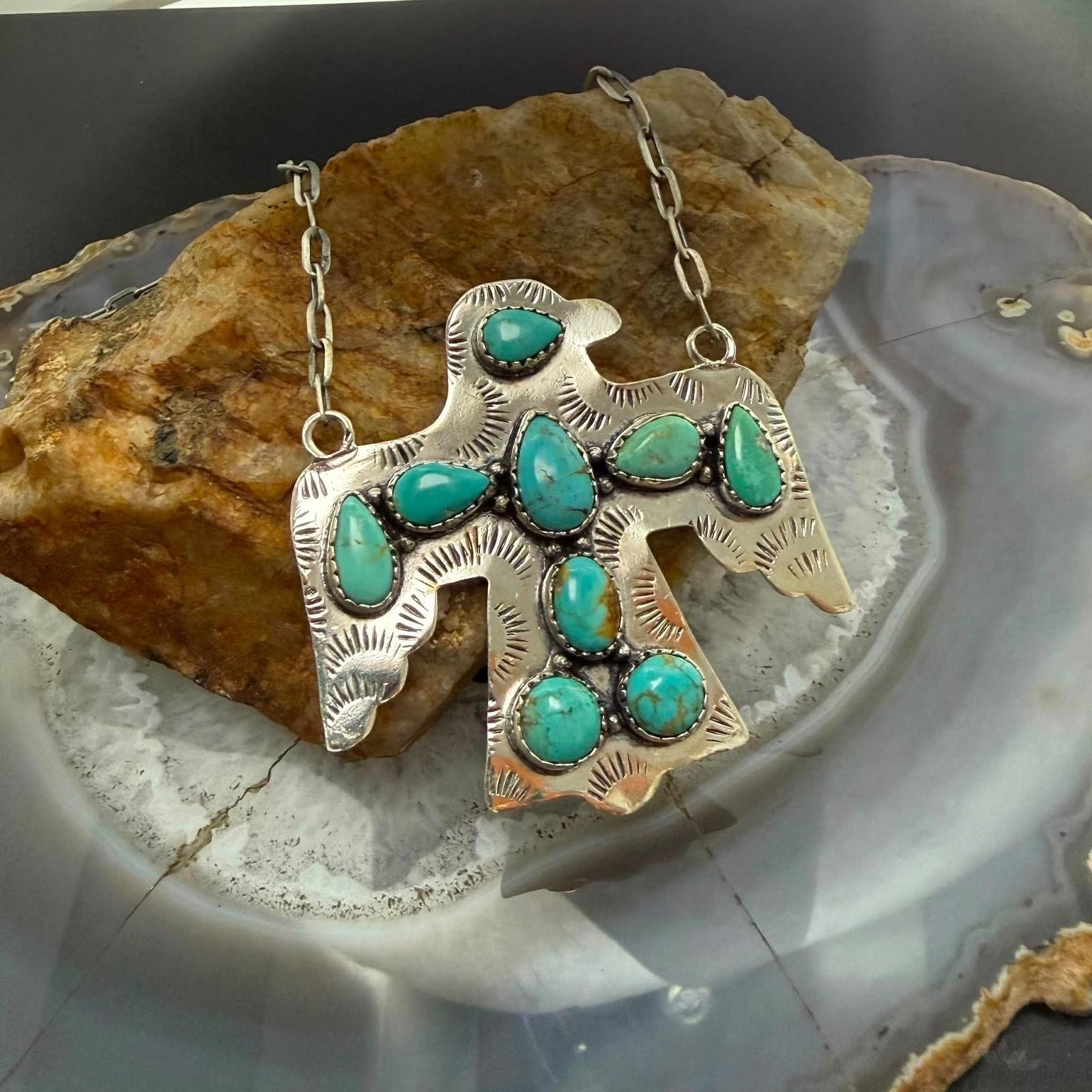 Sterling Silver Southwestern Style Kingman Turquoise Thunderbird Pendant Necklace For Women #1