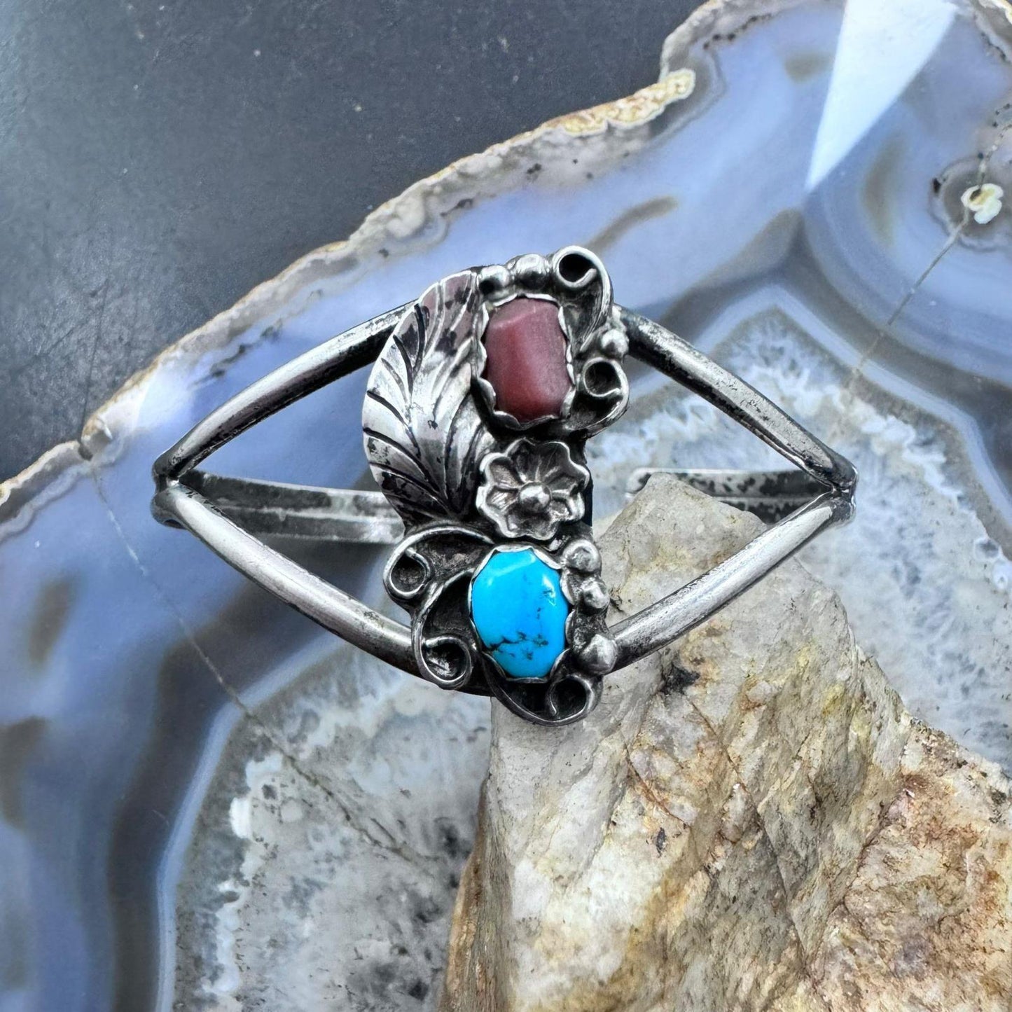 Vintage Native American Silver Turquoise & Coral Decorated Bracelet For Women