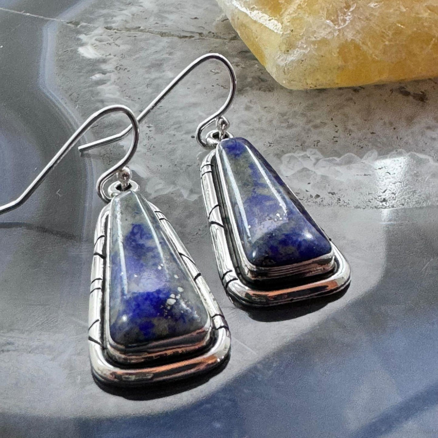 Native American Sterling Silver Triangle Denim Lapis Dangle Earrings For Women