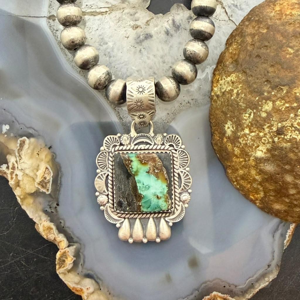 Sterling Silver Southwestern Style Square Blackjack Turquoise Decorated Pendant For Women