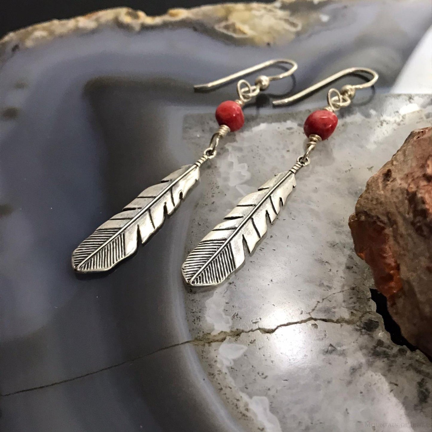 Carolyn Pollack Sterling Silver Coral Bead Feather Dangle Earrings For Women