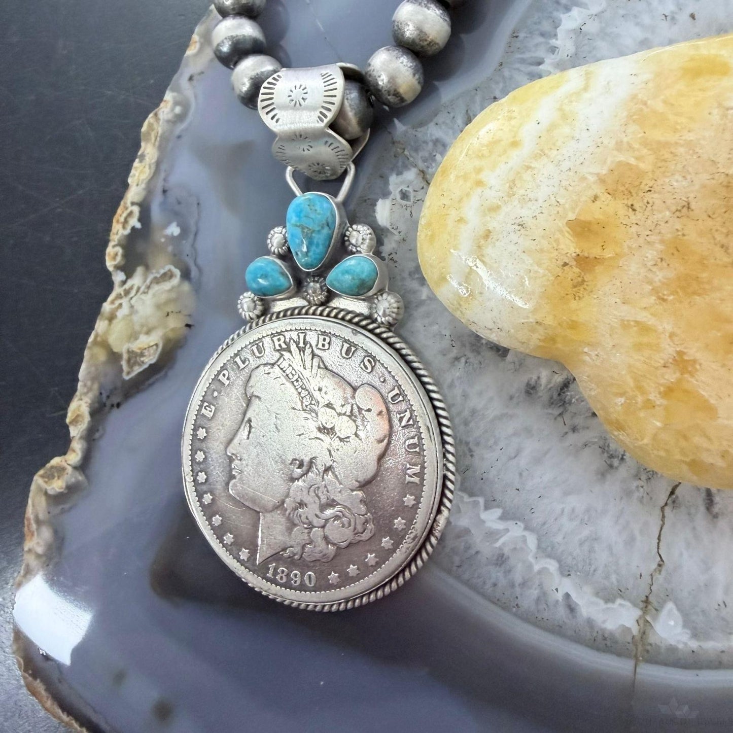 Genuine 1890 90% Morgan Silver Dollar Coin Turquoise Decorated Unisex Pendant