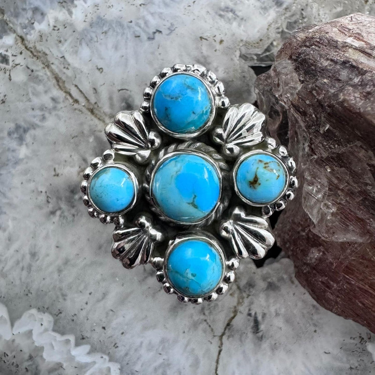 Sterling Silver Southwestern Style Composite Turquoise Cluster Adjustable Ring For Women