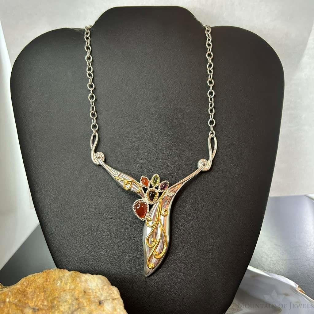 Carolyn Pollack Sterling Silver & Brass Multi Stone Decorated 18" Necklace For Women