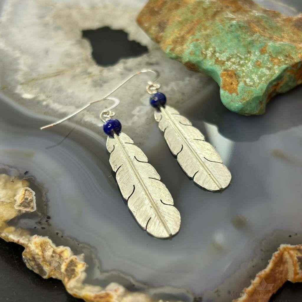 Anthony Gatewood Sterling Silver & Lapis Bead Feather Dangle Earrings For Women