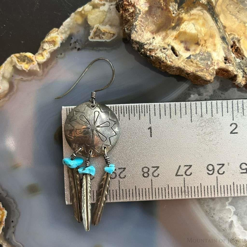 Vintage Native American Silver Turquoise w/Feather Dangle Earrings For Women