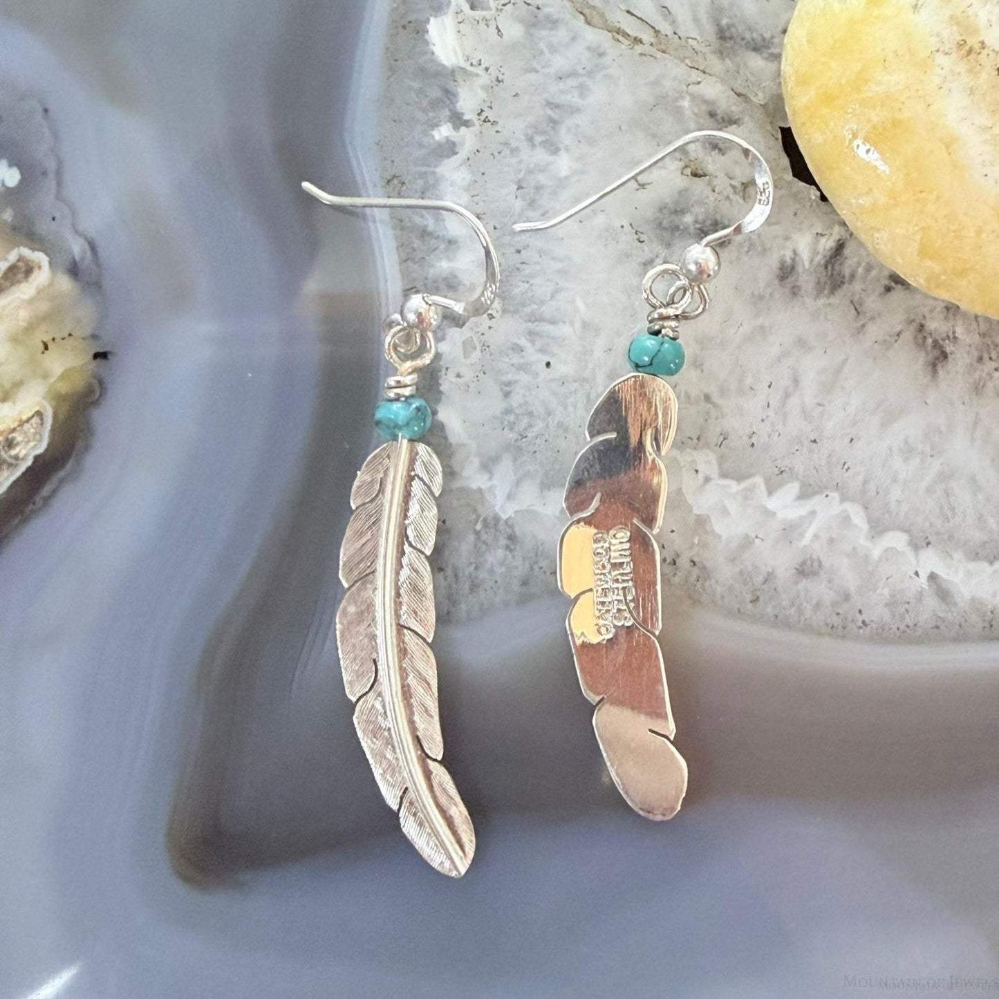 Anthony Gatewood Sterling Silver & Turquoise Bead Feather Dangle Earrings For Women