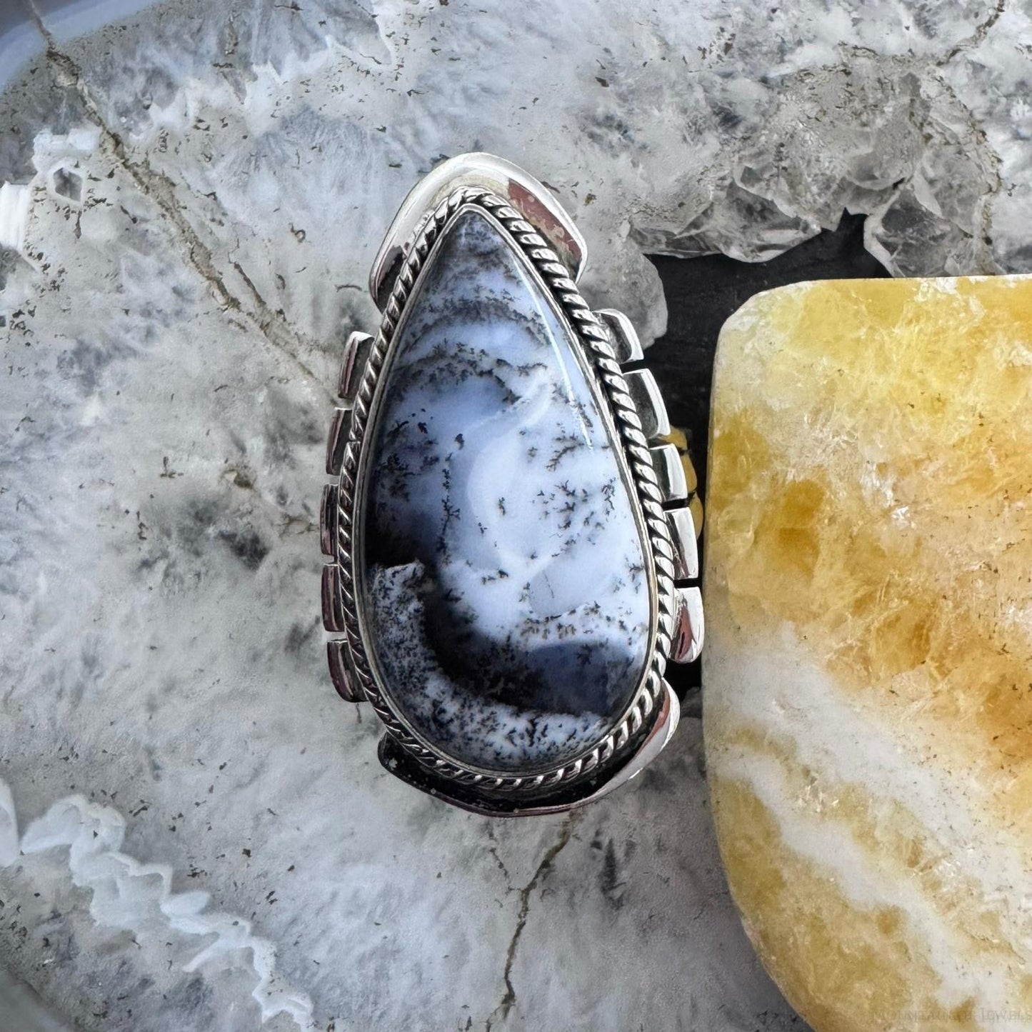 Sterling Silver Southwestern Style Elongated Teardrop Dendrite Agate Ring Size 9.25 For Women