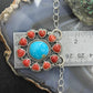 Native American Sterling Silver Round Turquoise &Coral Heart Cluster Pendant W/Necklace For Women