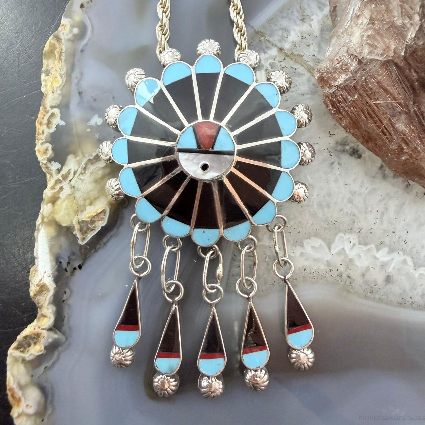 Abel Soseeah Native American Sterling Silver Zuni Inlay Sunface Pendant/Brooch For Women