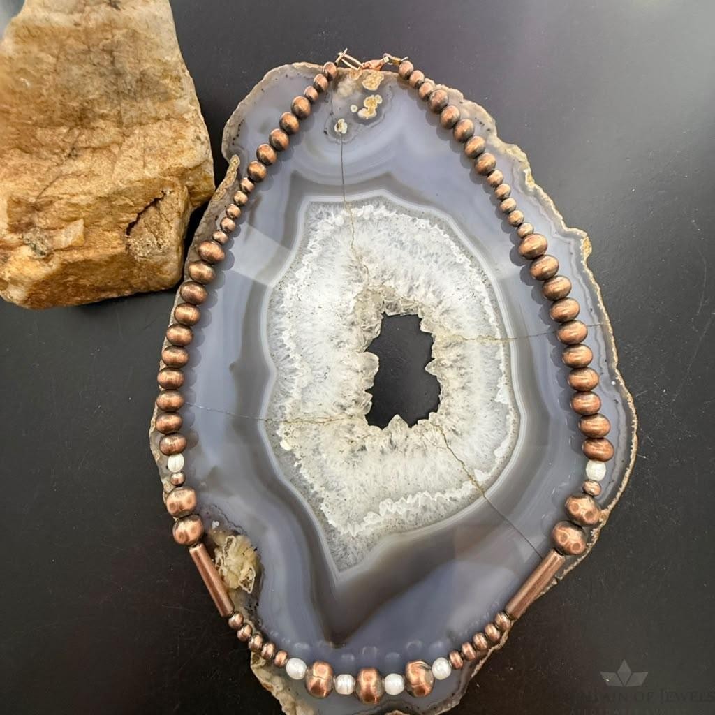 Southwestern Style 4.5-9mm Copper Navajo Pearl & Cylinder w/Freshwater Pearl 20" Necklace For Women