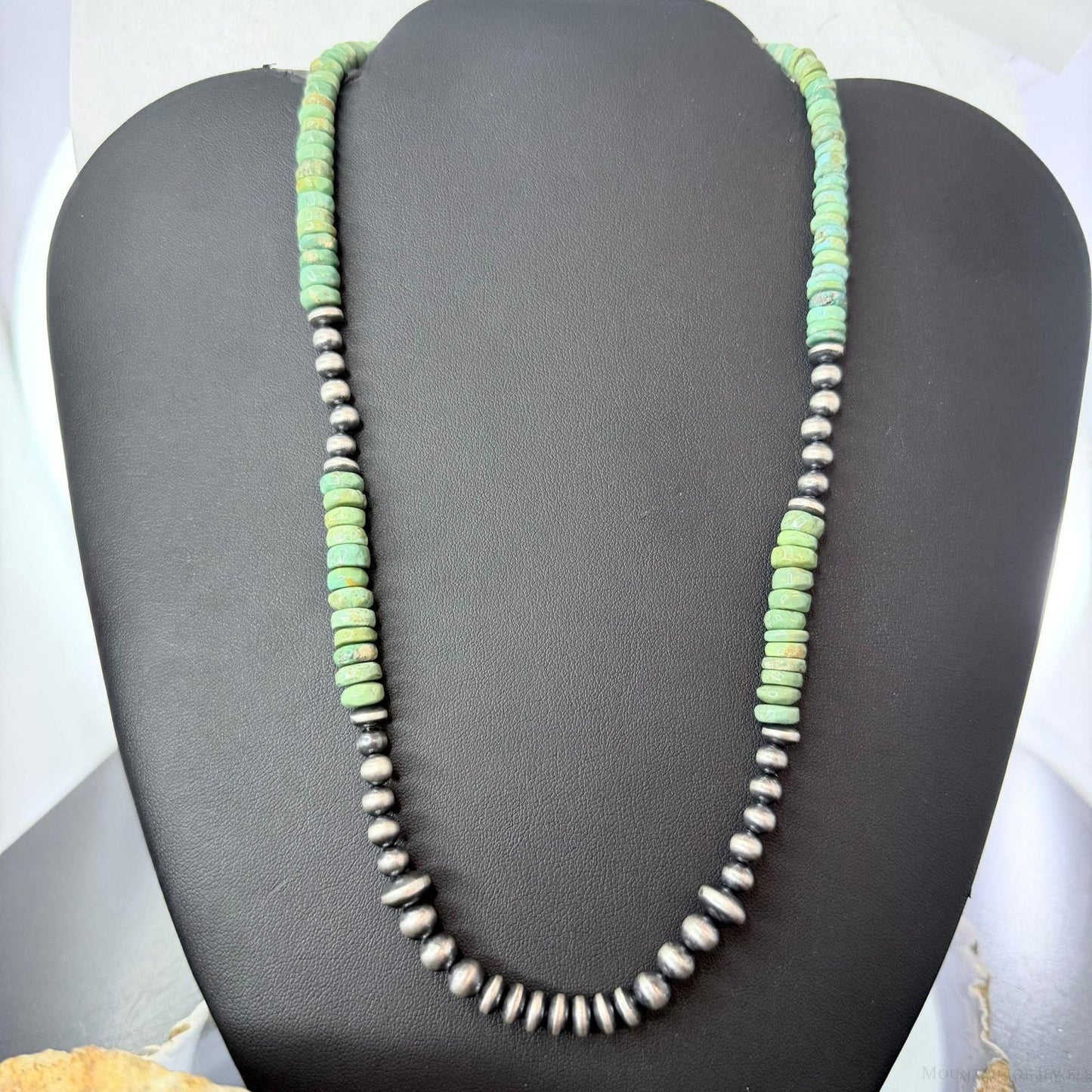 Sterling Silver Southwestern Style Green Turquoise Beads & Starling Beads 20" Necklace For Women