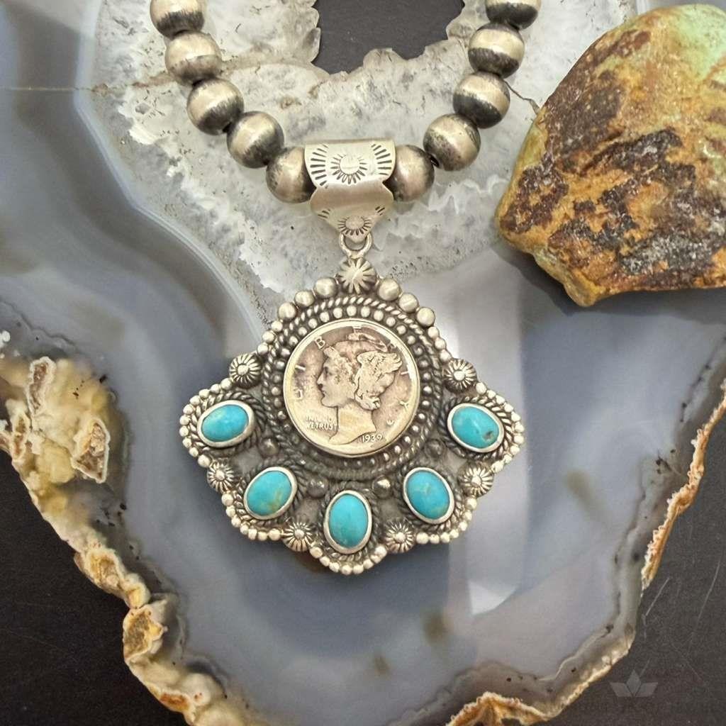 Sterling Silver Southwestern Style 1939 Mercury Dime & Kingman Turquoise Pendant