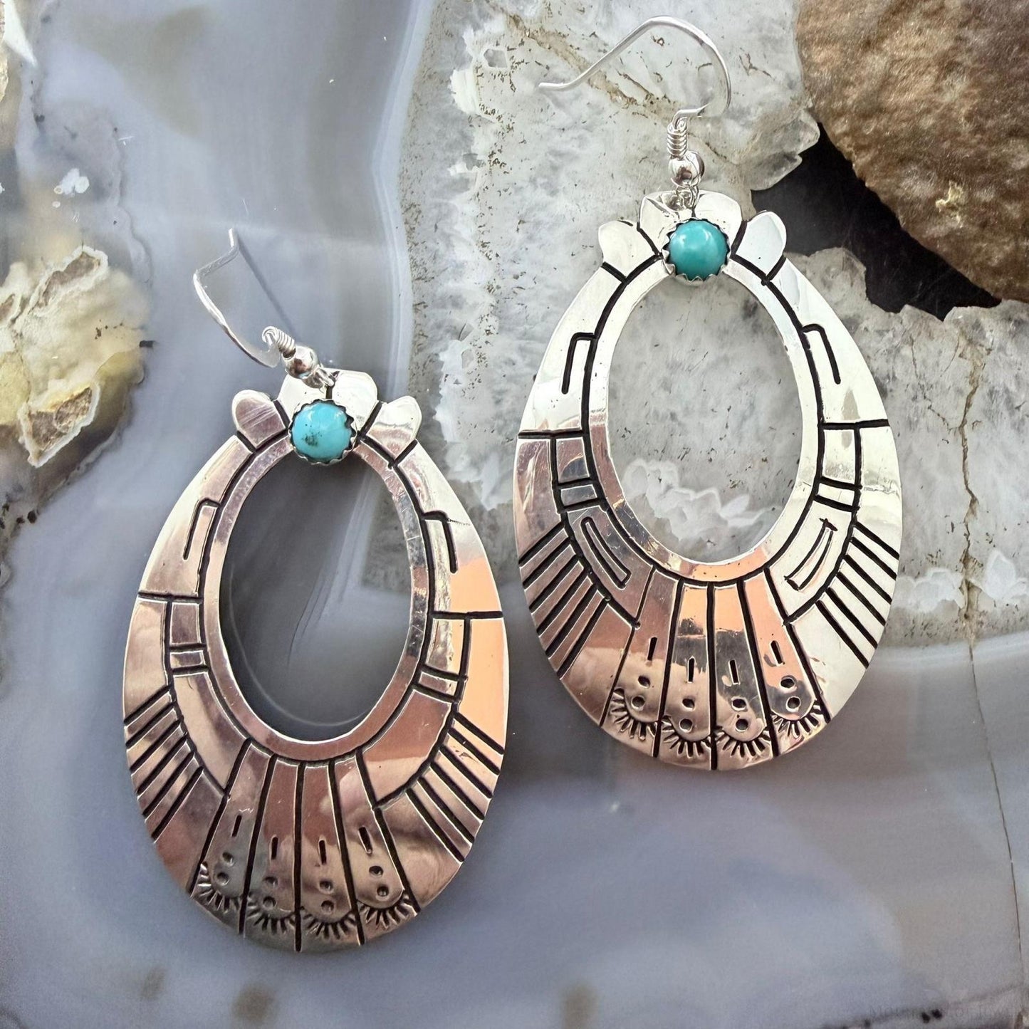 Tommy & Rosita Singer Sterling Silver Turquoise Dot Engraved Dangle Earrings For Women