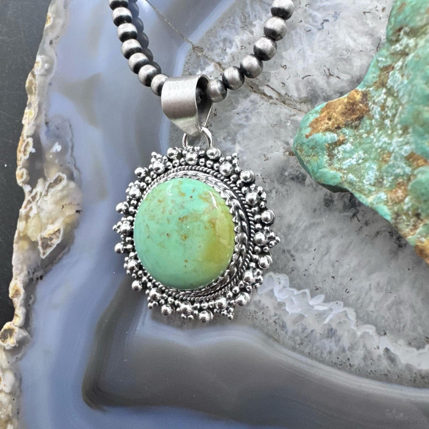 Sterling Silver Southwestern Style Round Green Turquoise Decorated Pendant For Women