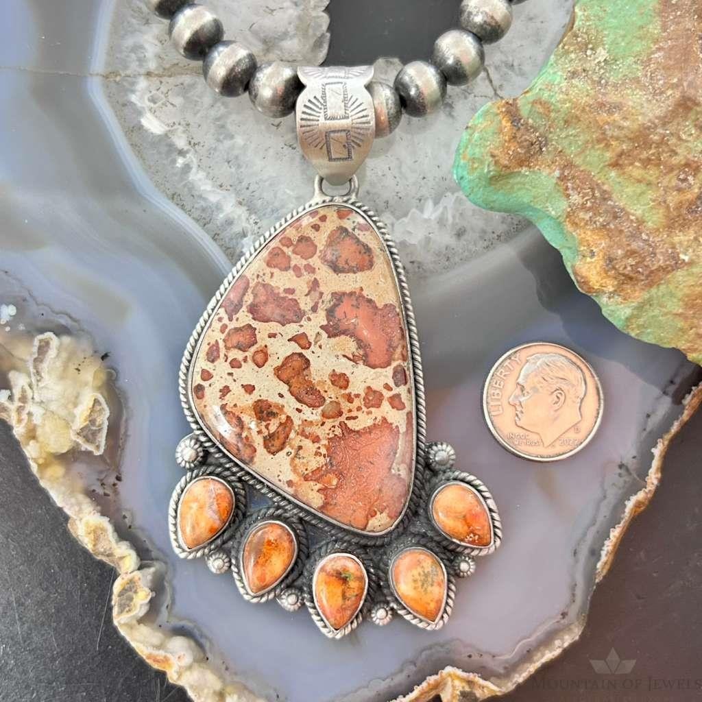 Sterling Silver Southwestern Style Picture Jasper & Spiny Oyster Pendant For Women