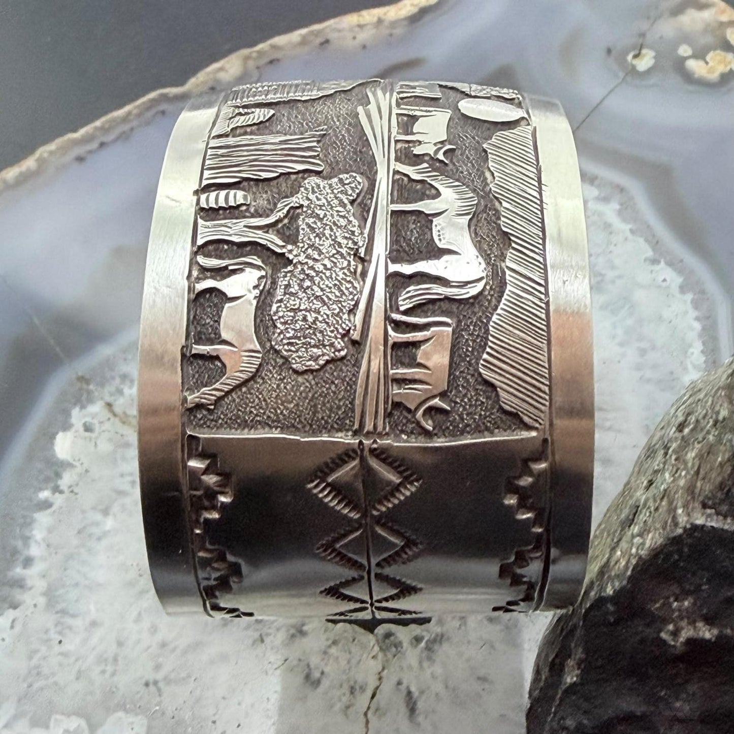 Alex Becenti Native American Sterling Silver Village Life Storyteller Wide Unisex Cuff Bracelet