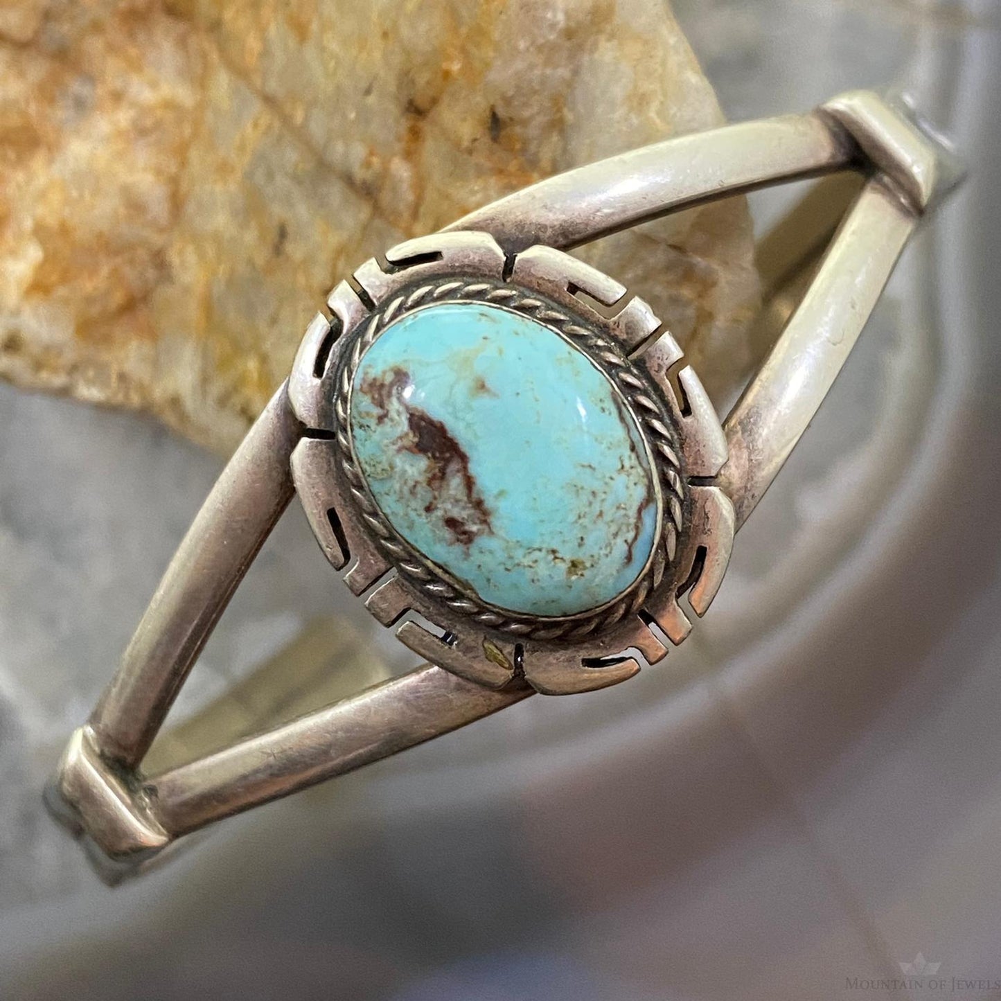 Signed Vintage Native American Sterling Oval Turquoise Split Shank Bracelet