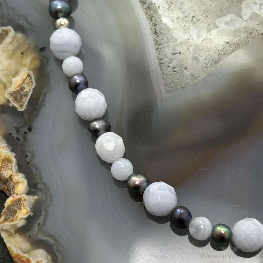 Carolyn Pollack Sterling Silver  Blue Lace Agate &Eggplant Pearl Bead Necklace For Women