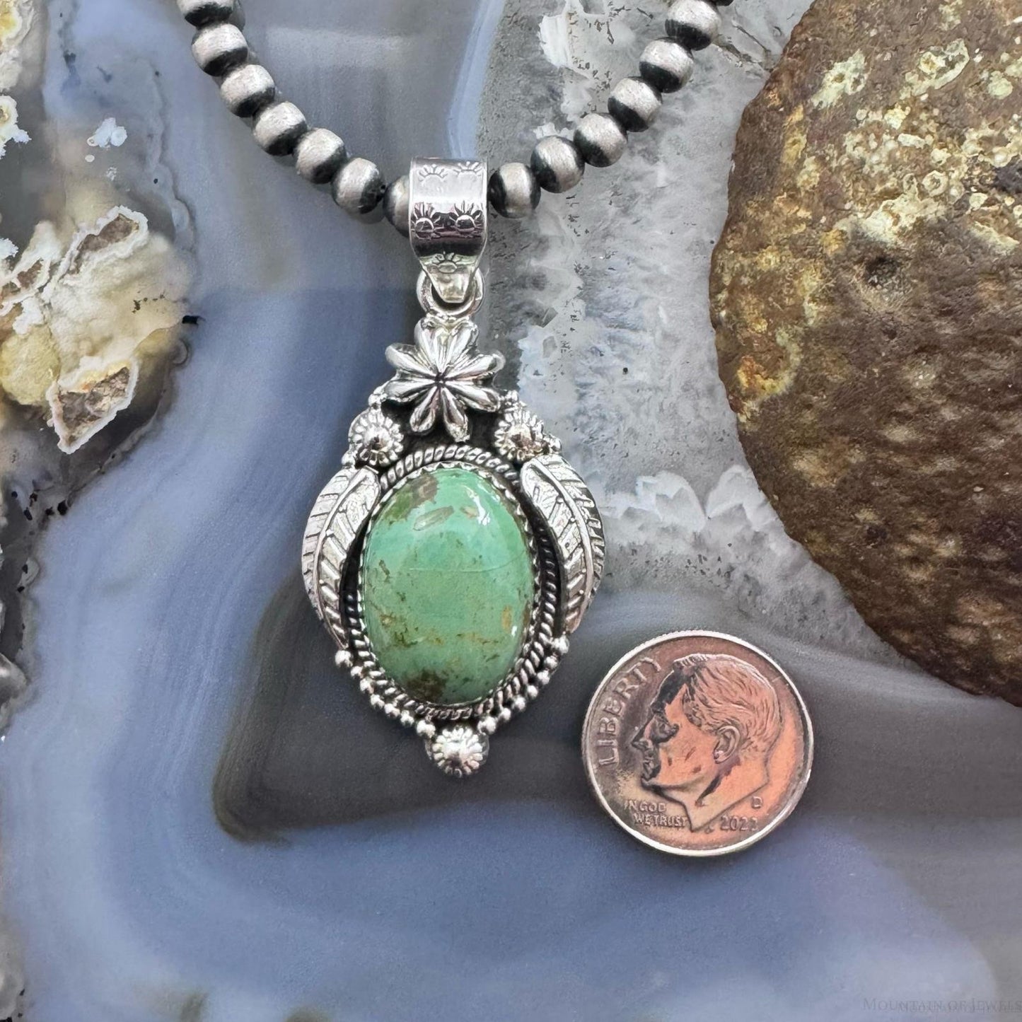 Sterling Silver Southwestern Style Oval Turquoise Leaves Decorated Pendant For Women
