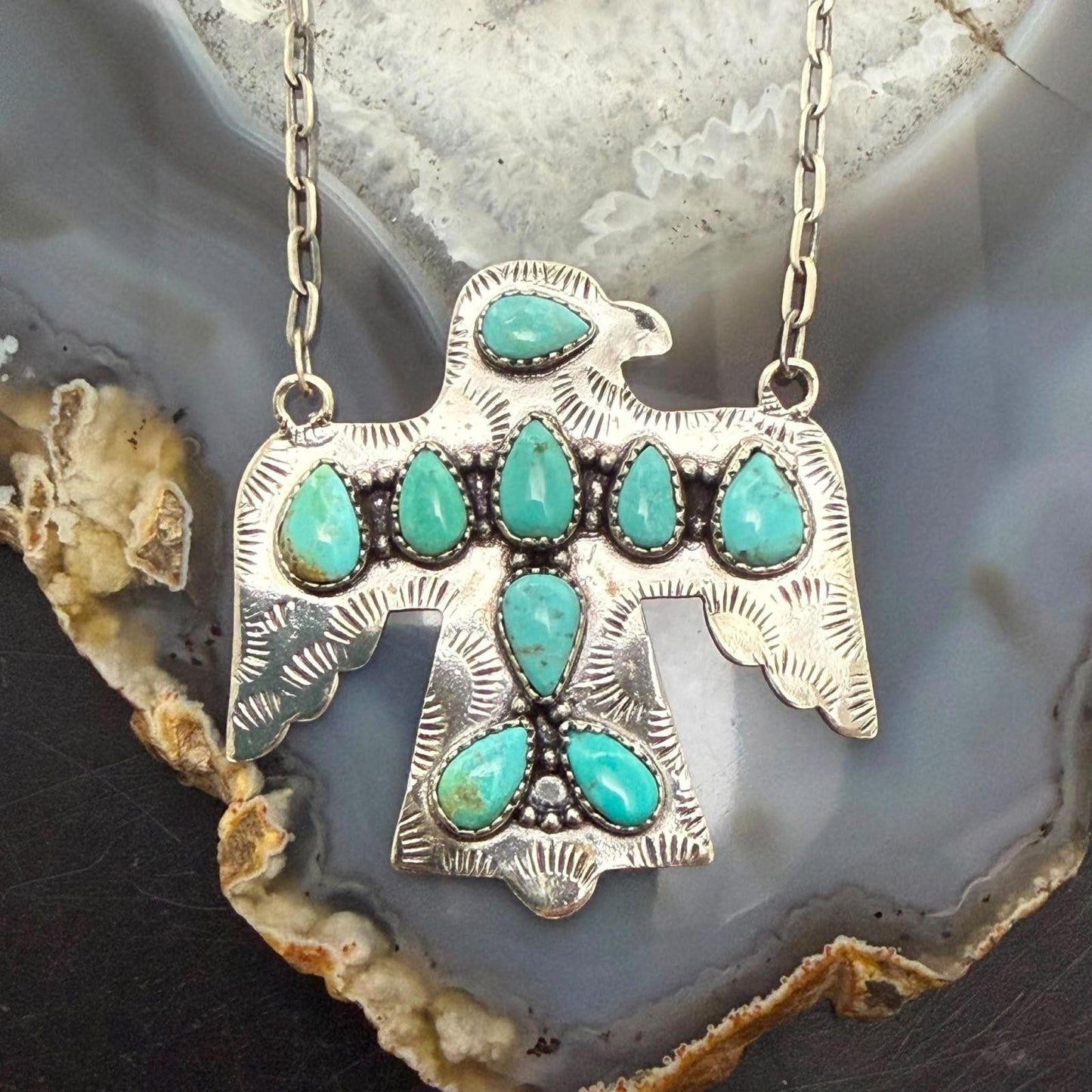 Sterling Southwestern Style Kingman Turquoise Thunderbird Pendant Necklace #4