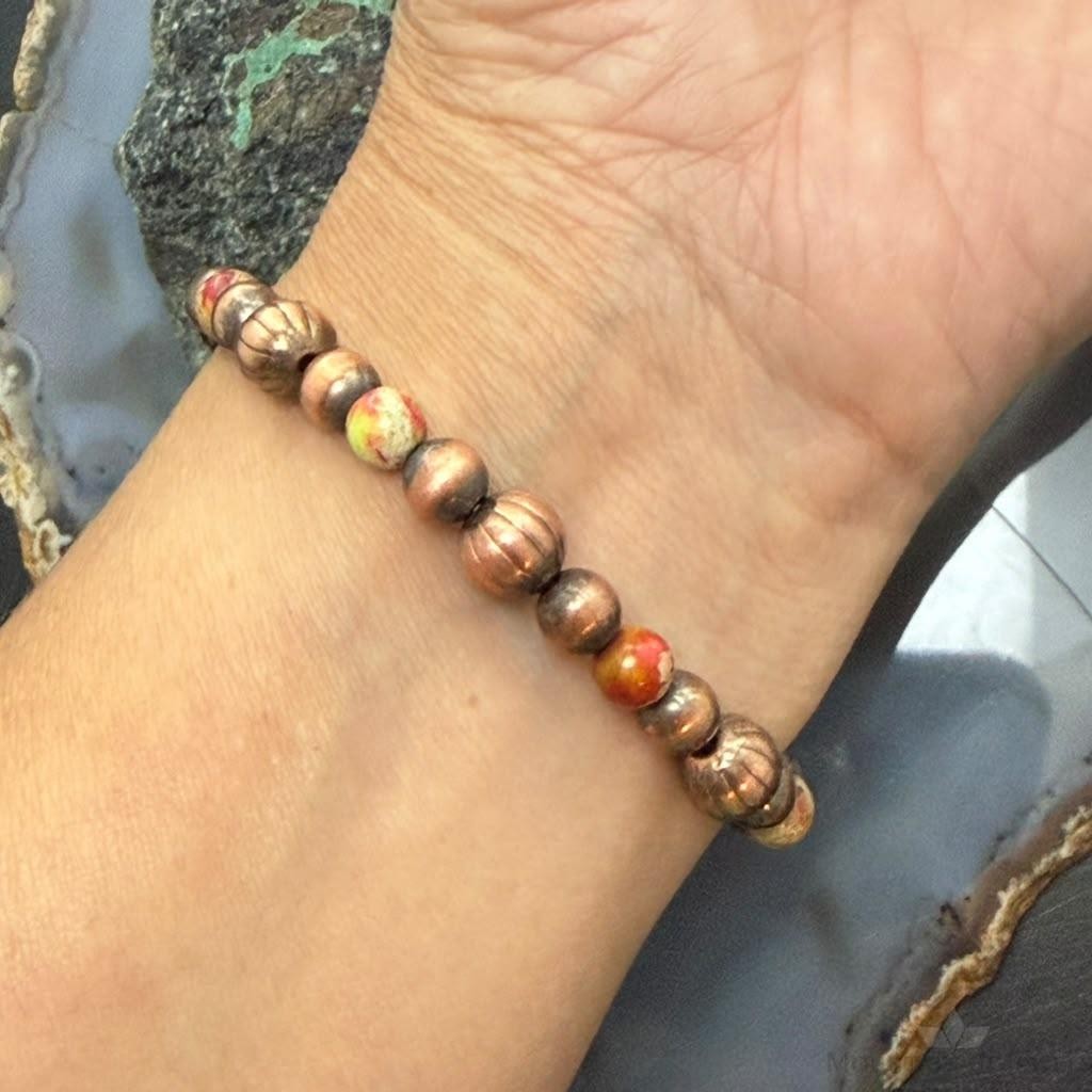 Southwestern Style Copper 6-8mm Navajo Pearl Beads & 6mm Jasper Stretch Bracelet For Women