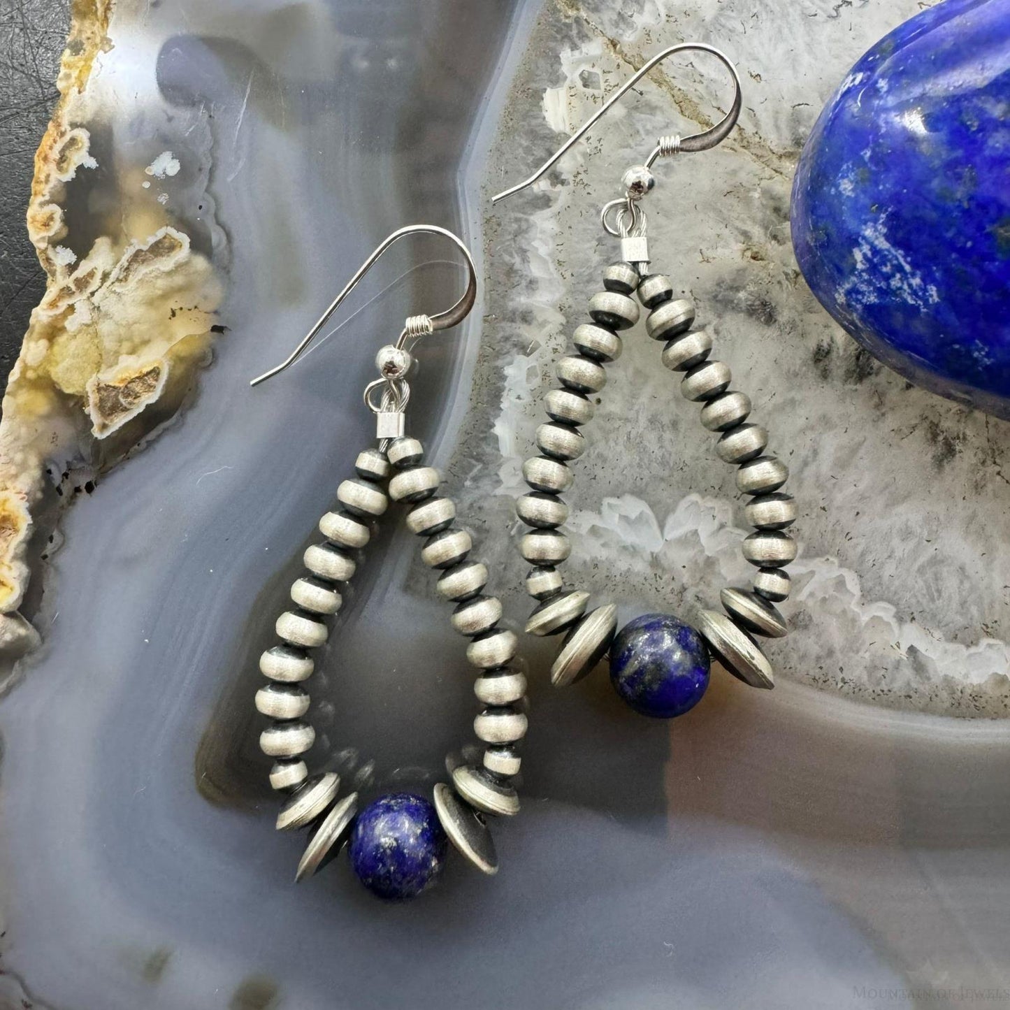 Sterling Silver Graduated Navajo Pearl Beads & Lapis Hoop Dangle Earrings For Women