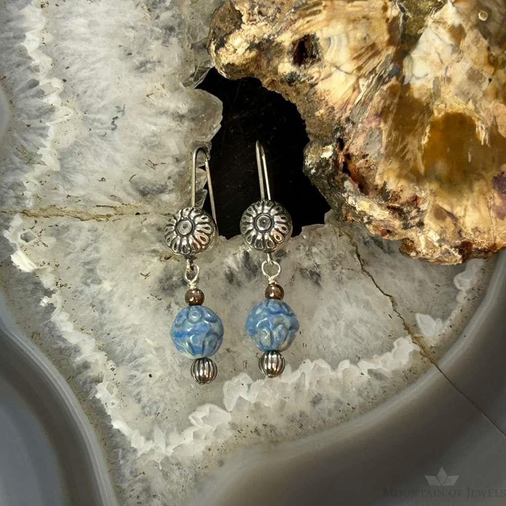 Carolyn Pollack Sterling Silver Carved Denim Lapis Bead Dangle Earrings For Women