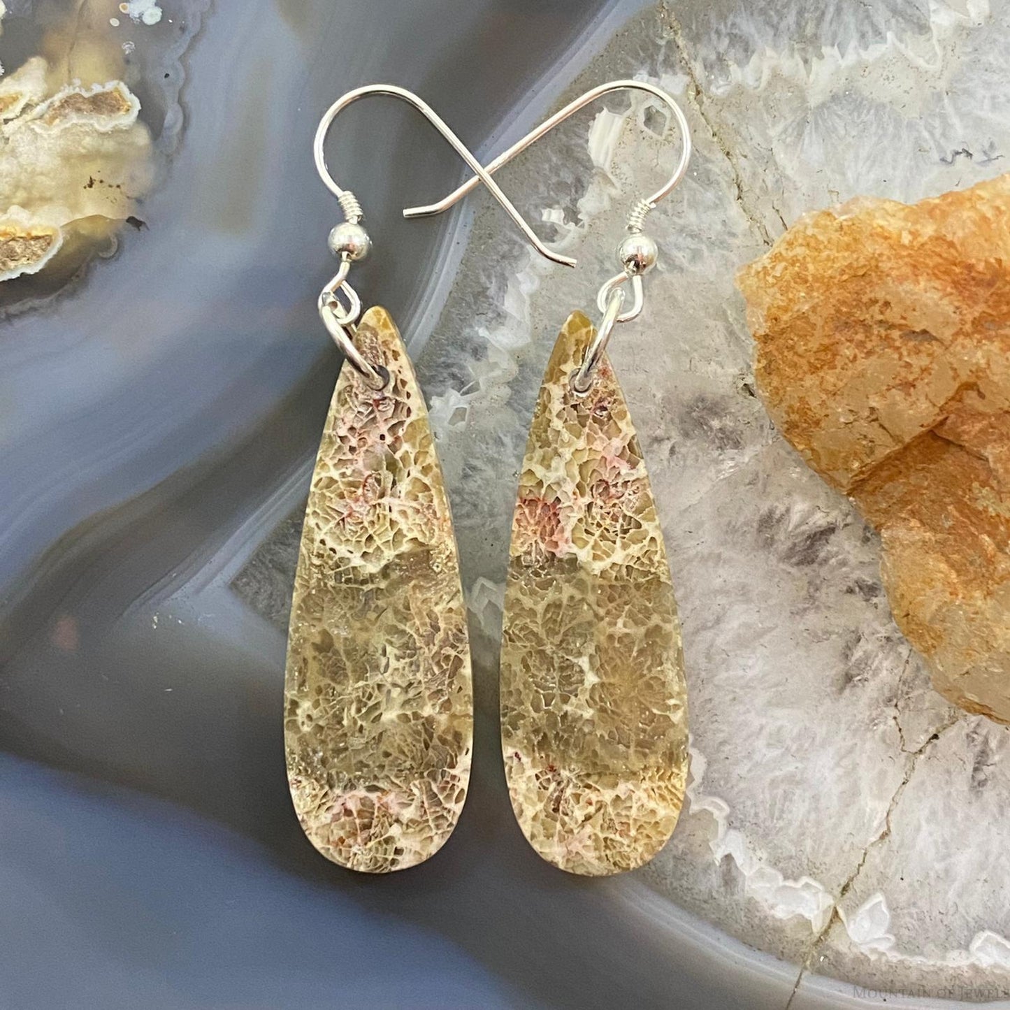 Sterling Silver Teardrop Fossilized Coral Slab Dangle Earrings For Women #056