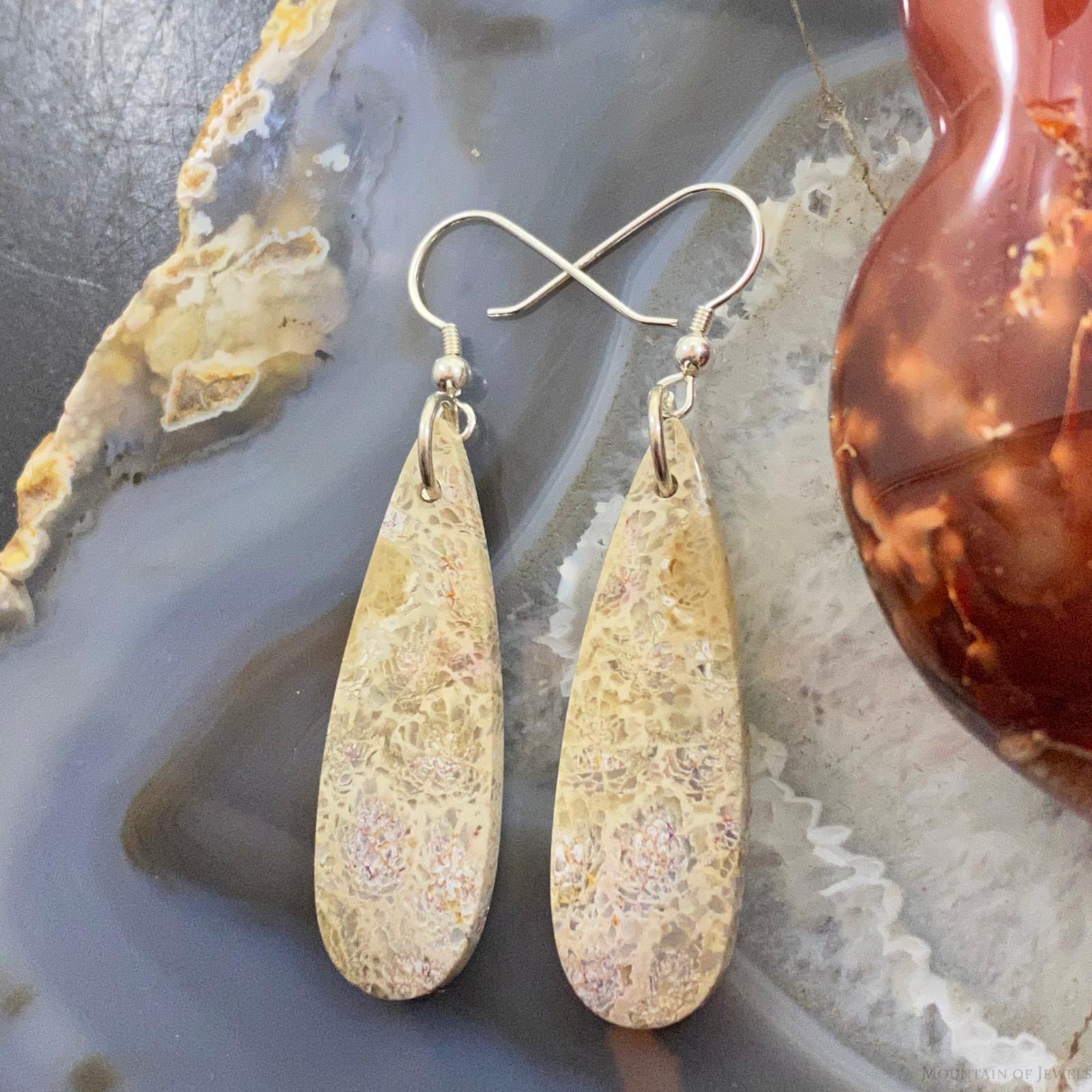 Sterling Silver Teardrop Fossilized Coral Slab Dangle Earrings For outlet Women #067