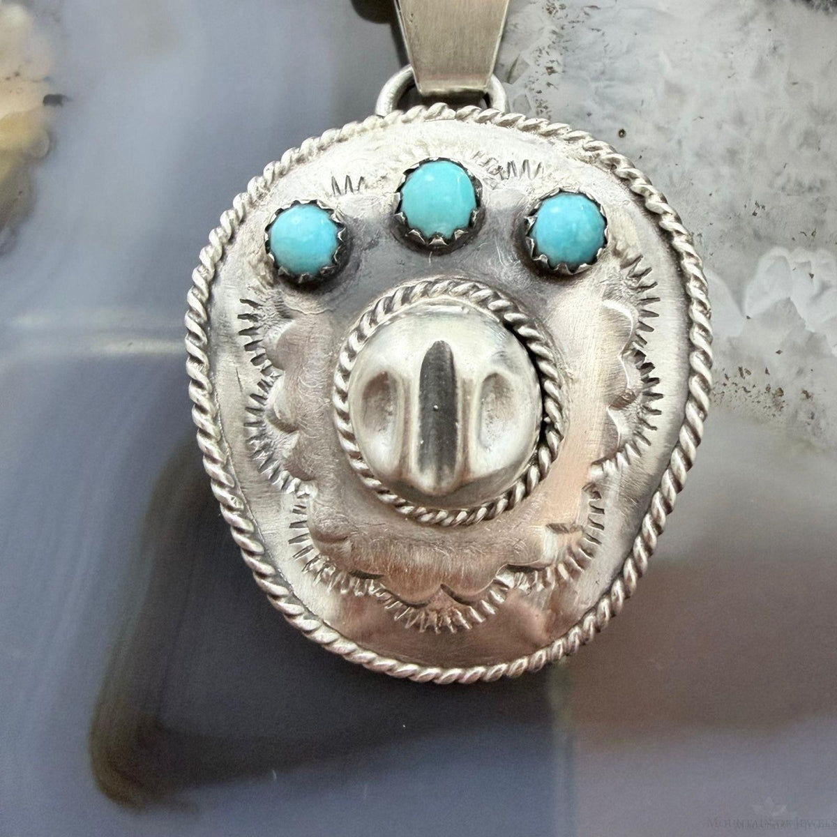 Running Bear Native American Sterling Silver Turquoise Cowboy Hat Unisex Pendant