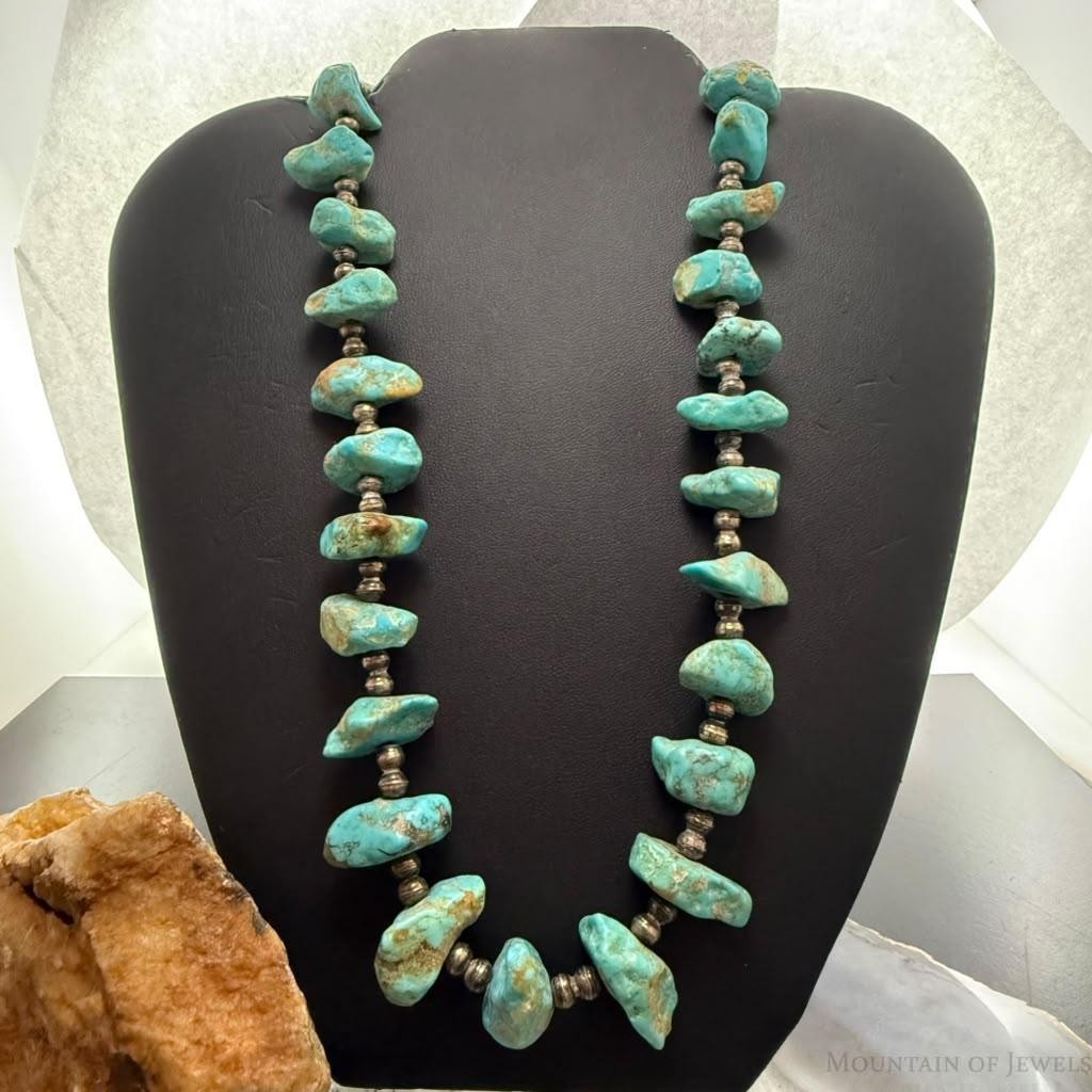 Vintage Sterling Silver Native American Natural Turquoise w/Silver Beads 27" Necklace For Women