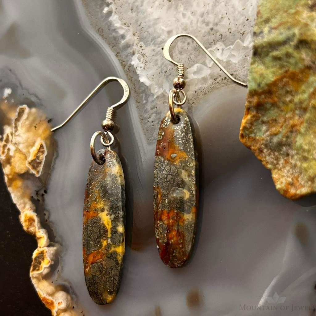 Sterling Silver Elongated Oval Red Marcasite Slab Dangle Earrings For Women #200