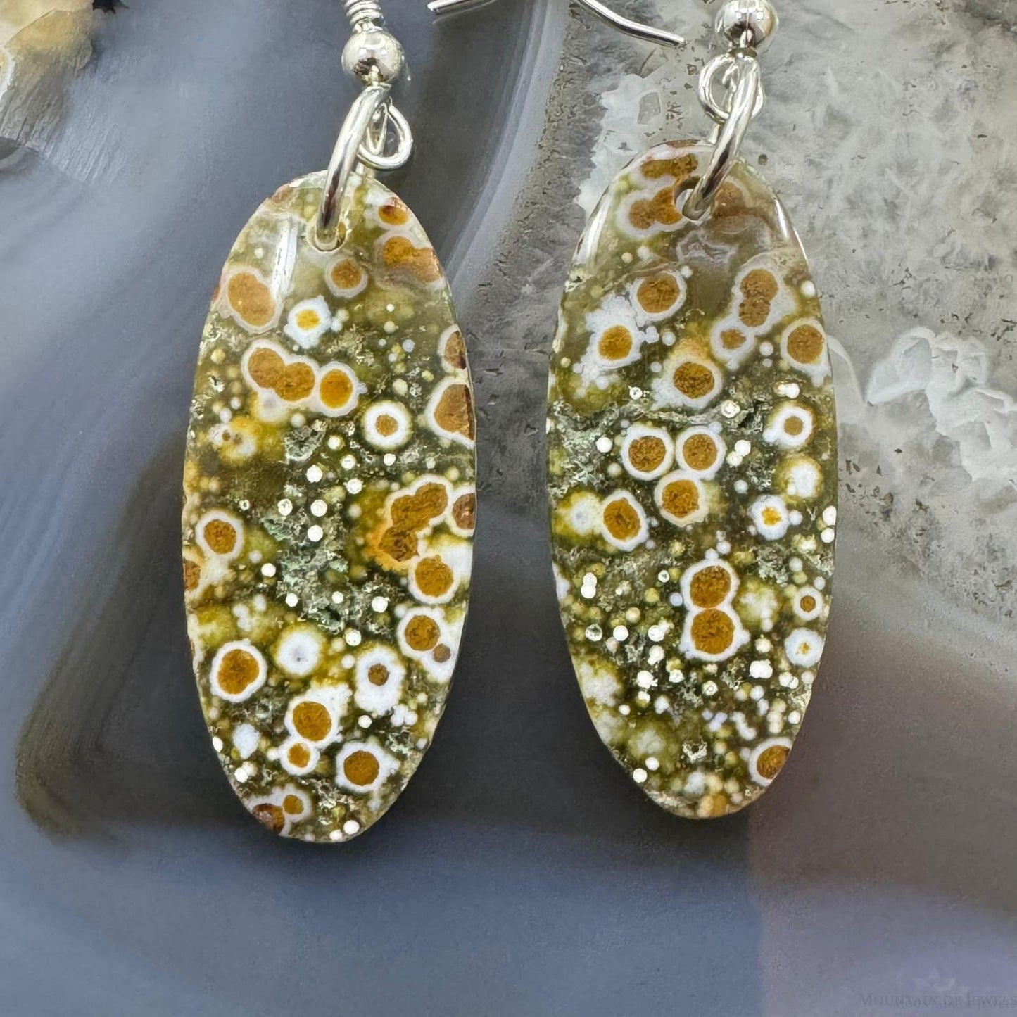 Sterling Silver Oval River Jasper Slab Dangle Earrings For Women #202