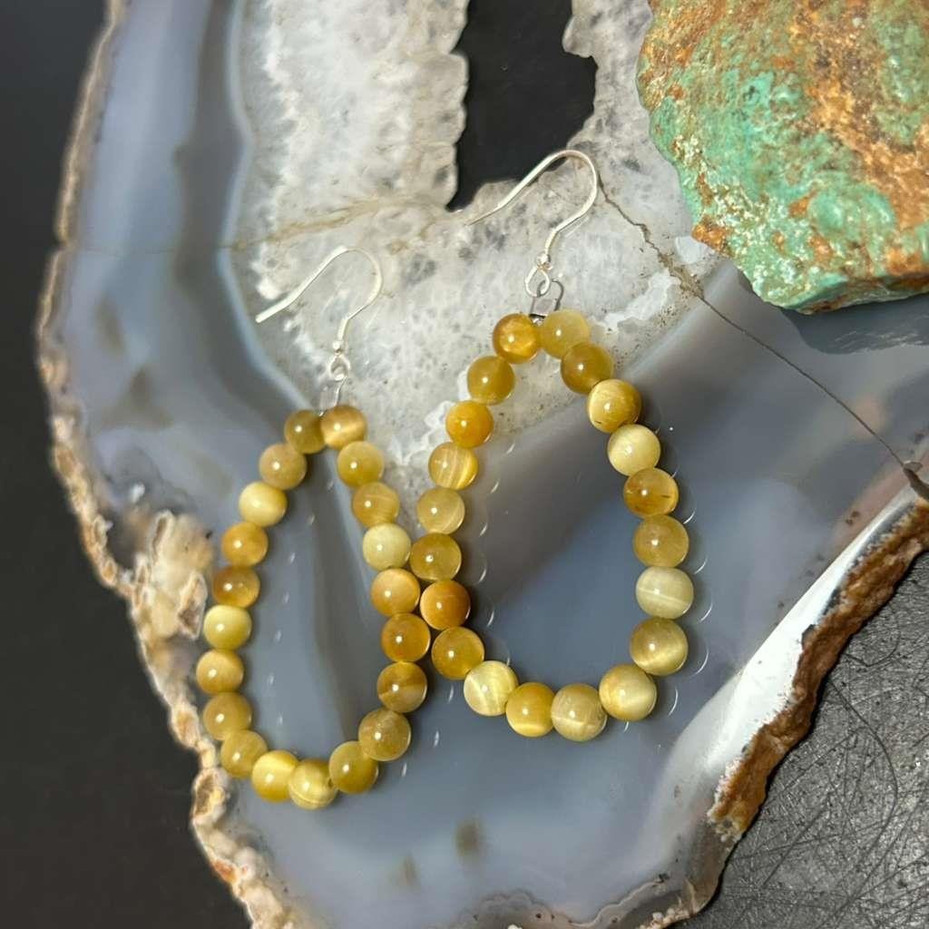Sterling Silver 6mm Rounded Golden Tiger's Eye Hoop Dangle Earrings For Women