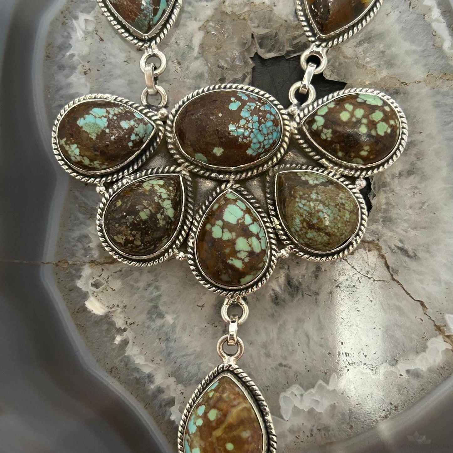 Sterling Silver Southwestern Style Turquoise #8 Cluster 30" Necklace For Women