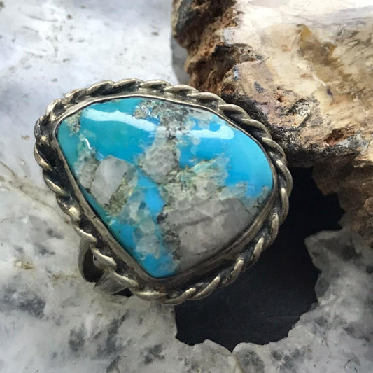 Vintage Native American Silver Natural Turquoise Decorated Unisex Ring Size 10