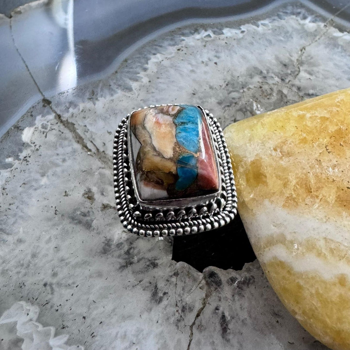 Sterling Silver Southwestern Style Rectangle Composite Spiny Oyster Turquoise Ring 6.75 For Women